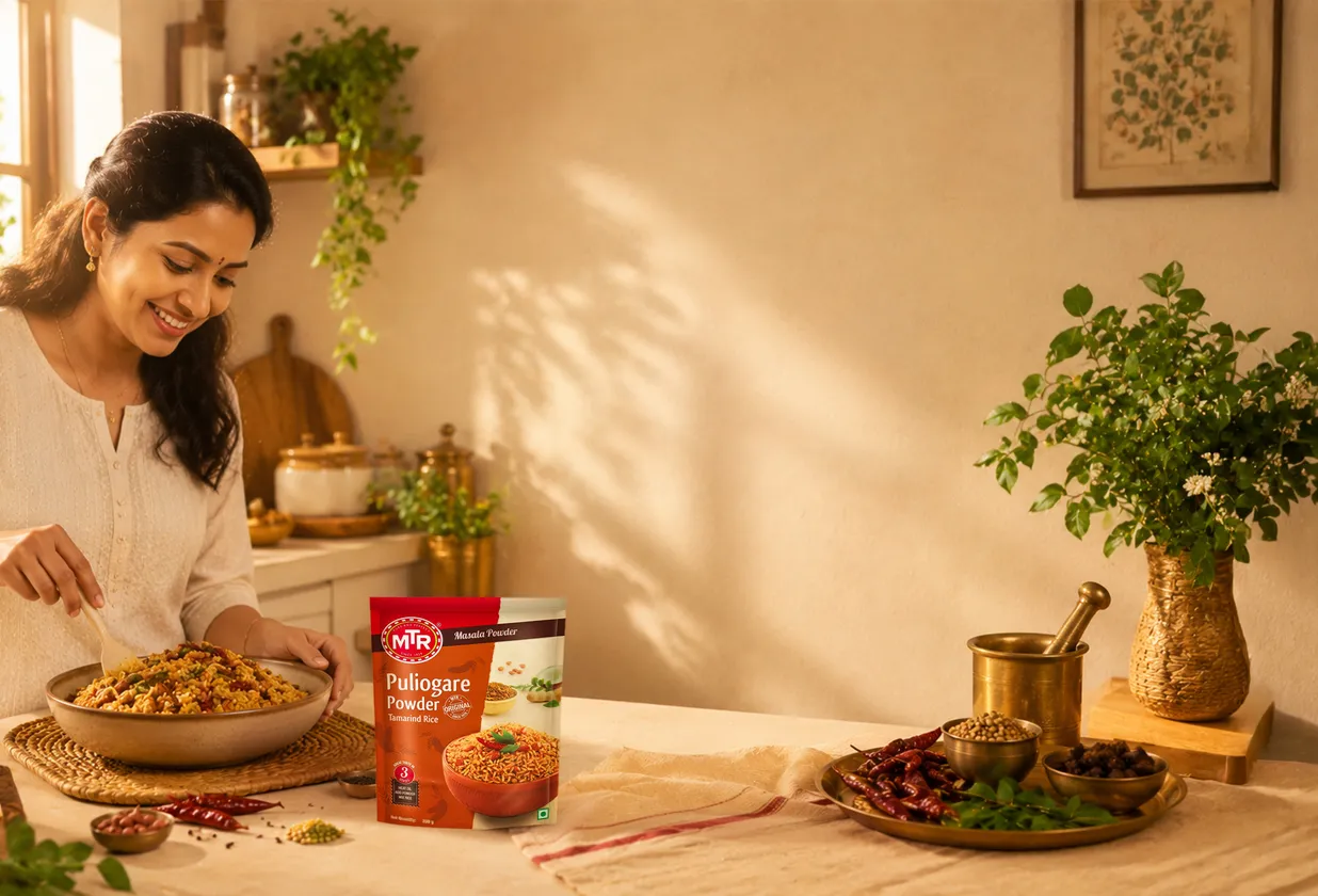 A woman preparing MTR Puliyogare at home